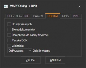 WAPRO Mag - domyślne usługi dodatkowe kuriera DPD