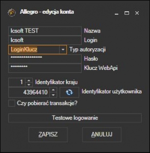 Allegro - okno konfiguracji konta z wykorzystaniem klucza WebAPI