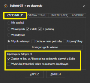 Subiekt GT - opcja zapisu numeru listu w Allegro.pl