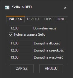 Sello - domyślne parametry paczki DPD