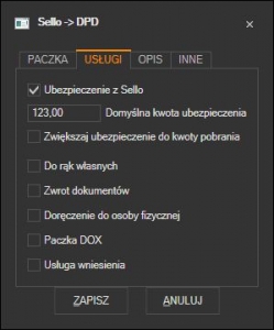 Sello - wybór domyślnych usług dla przesyłek DPD