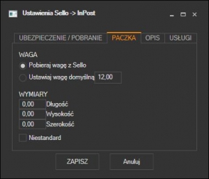 Sello - ustawienia domyślnych wartości paczki kuriera InPost