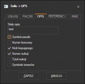 Sello - domyślny opis listu UPS