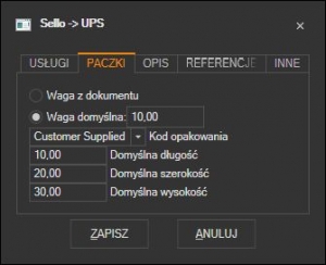 Sello - domyślne parametry paczki UPS