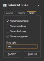 Subiekt GT - opcje przygotowania opisu listu GLS