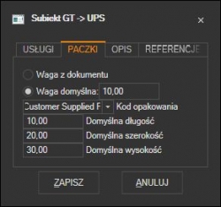 Subiekt GT - domyślne parametry paczki UPS