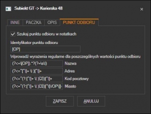 Subiekt GT - odbiór w punkcie - kurierska 48 - konfiguracja w programie ProstaPaczka2