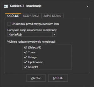 Subiekt GT - ustawienia kompletacji