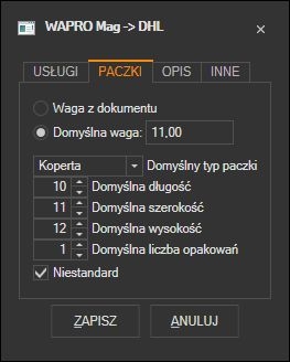 WAPRO Mag - domyślne parametry paczki DHL