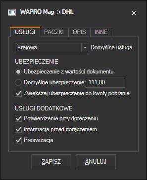 WAPRO Mag - domyślne usługi listu DHL