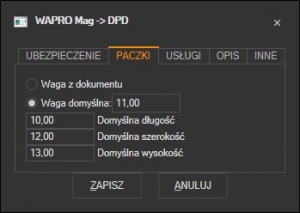 WAPRO Mag - domyślne parametry paczki DPD