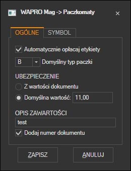 WAPRO Mag - domyślne ustawienia etykiety paczkomat-ów