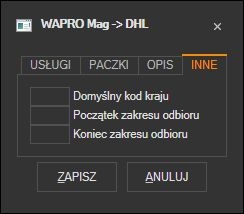 WAPRO Mag - pozostałe domyślne parametry listu DHL
