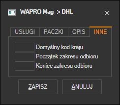 WAPRO Mag - pozostałe domyślne parametry listu DHL