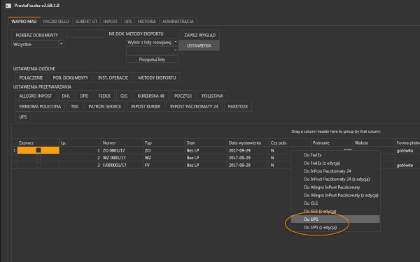 WAPRO Mag do UPS Tworzenie listu przewozowego z menu podręcznego