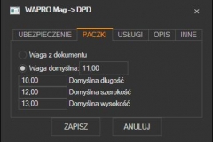 WAPRO Mag - domyślne parametry paczki DPD
