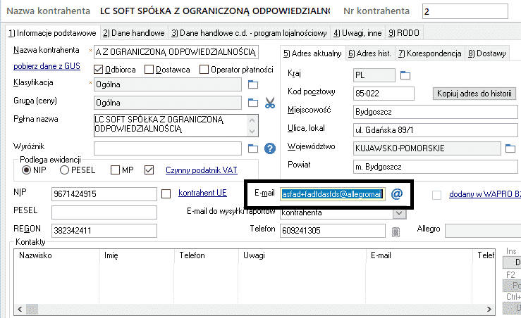 WAPRO Mag - kartoteka klienta - adres e-mail